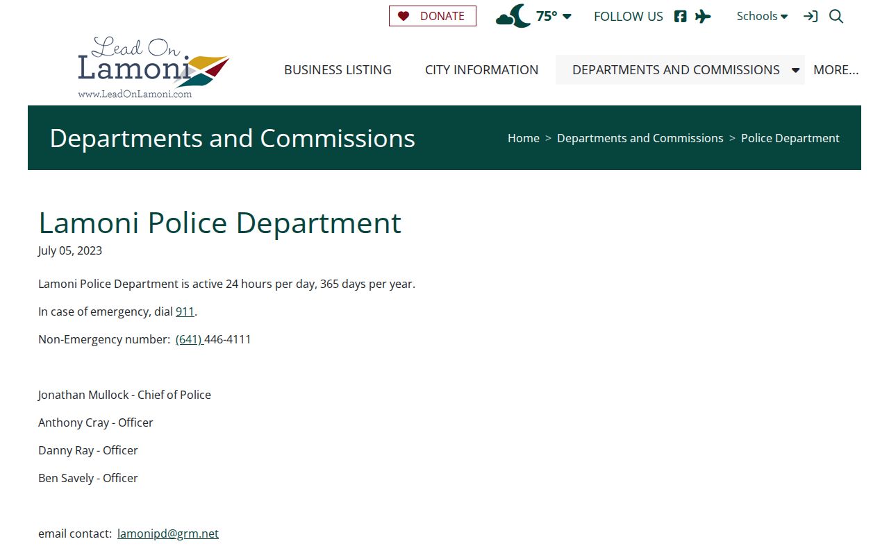 Captured official Lamoni Police Department webpage